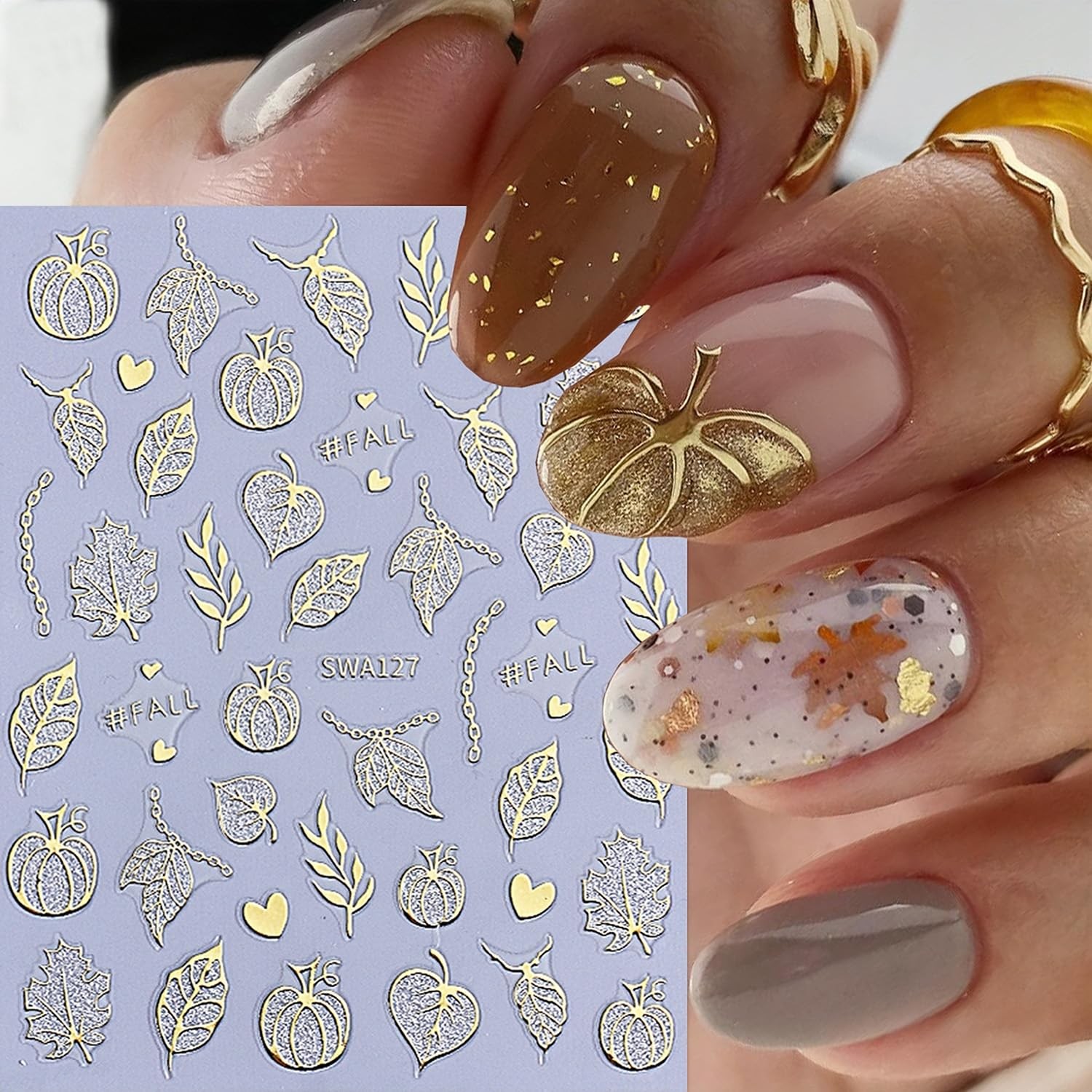 8 Sheets Fall Halloween Nail Stickers for Art 3.9in*3.15in, Multicolor
