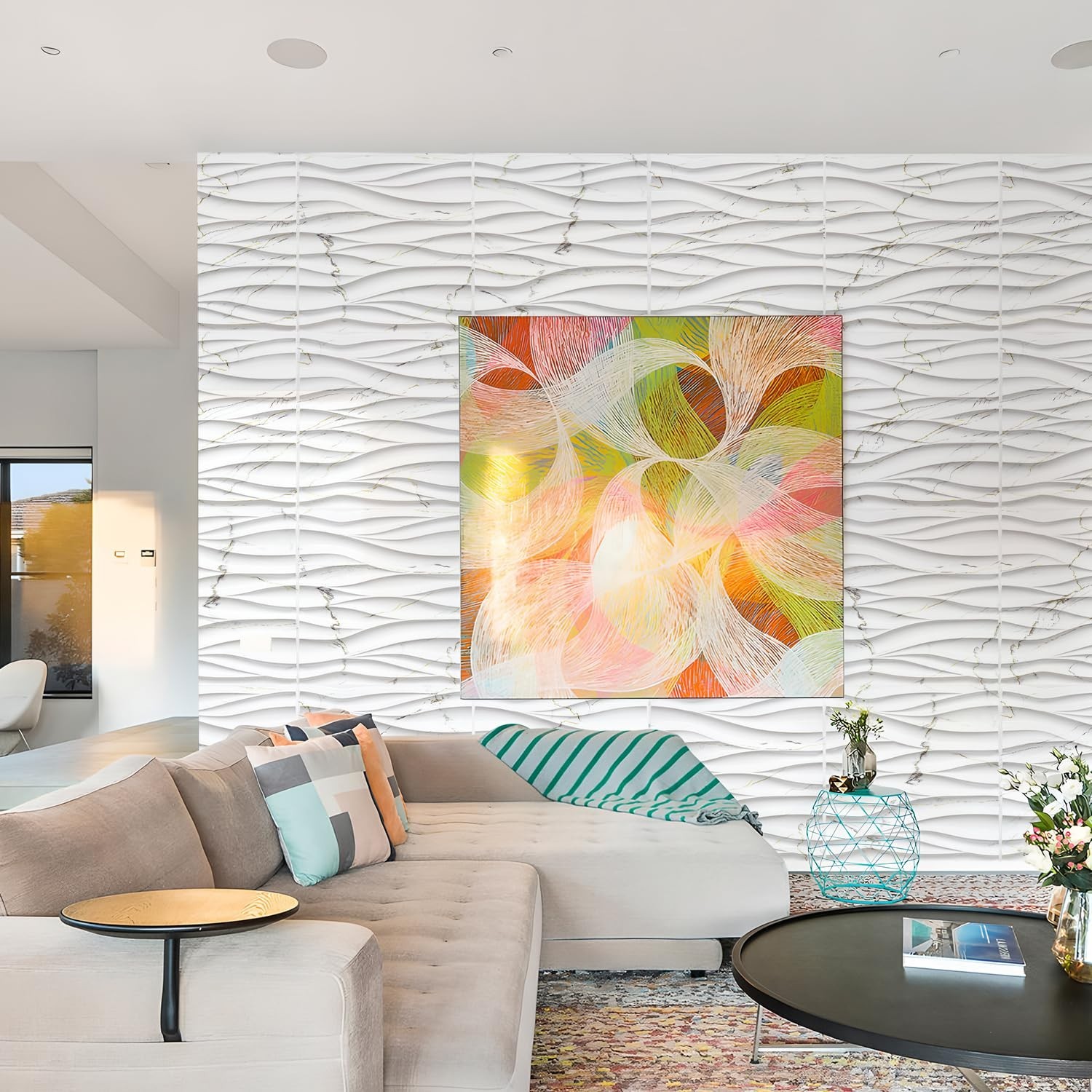 3D White Marble & Gold Thread Wave Wall Panels – Decorative PVC Accent for Livin