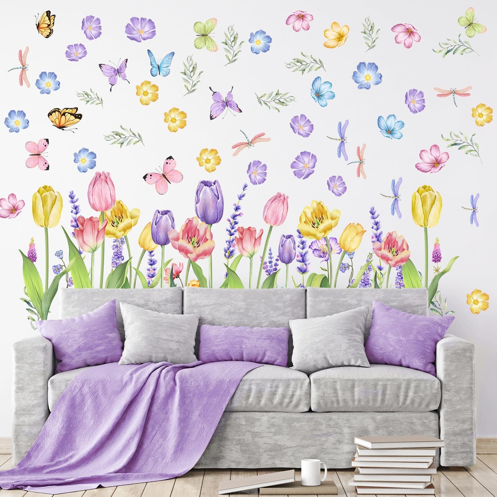 Eersida 6 Sheets Spring Wall Stickers Flower Decals Lavender Tulip Butterfly …