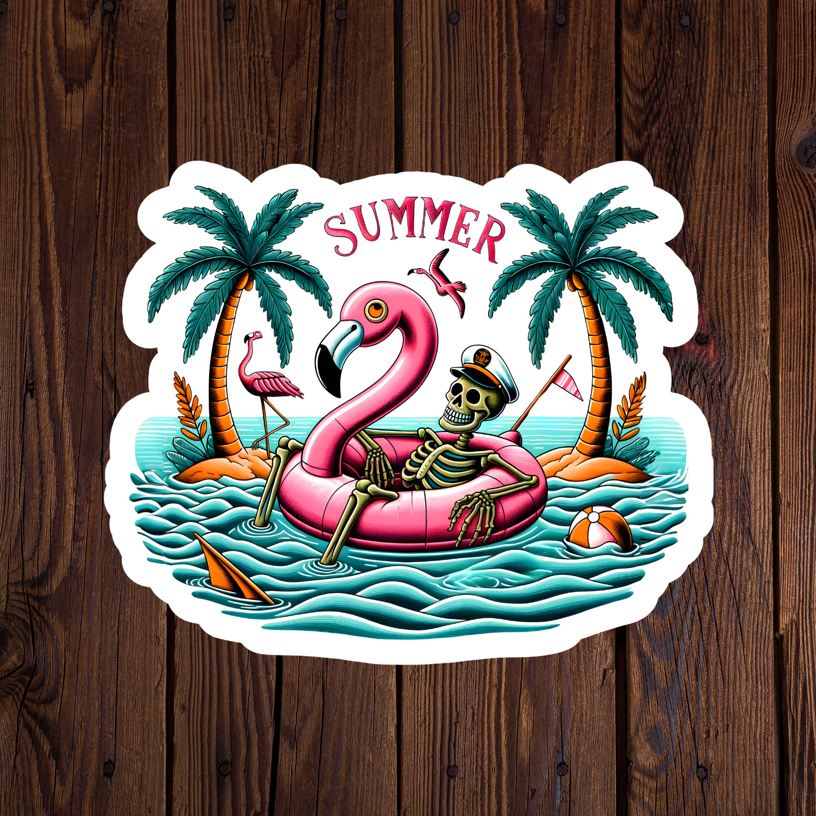 Skeleton sticker vinyl decal summer floating flamingo palm tree beach ocean