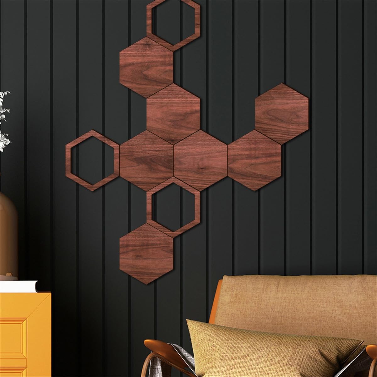 Wooden Hexagon Wall Stickers, 10 PCS Removable Hexagonal Wall Stickers, 3D He…