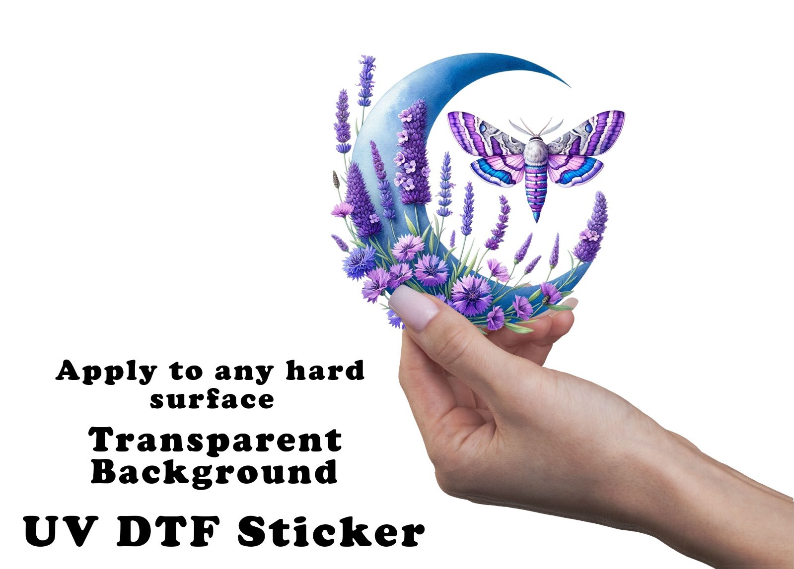 Lavender Moon and Moth UV DTF Transparent Sticker / Decal