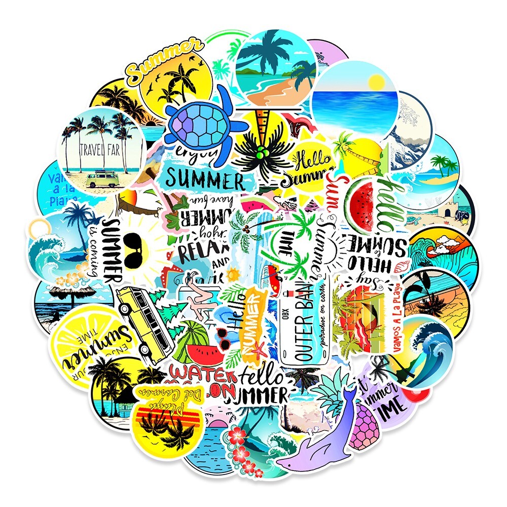 50 Pcs Stickers Summer Vacation Beach Tree Luggage Skateboard Car Phone Vinyl