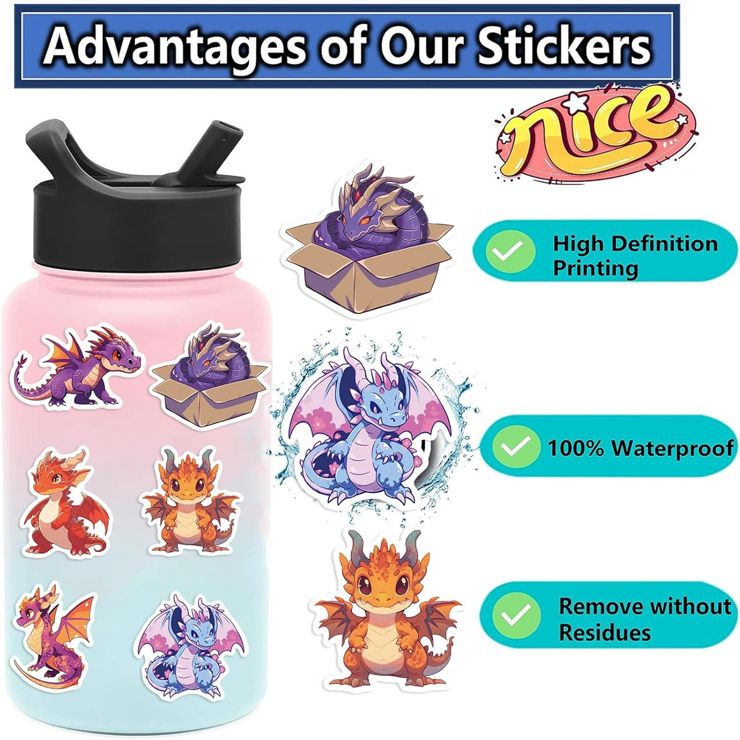 50Pcs Cool Dragon Stickers for KidsCute Cartoon Dragon Waterproof Vinyl Sticker