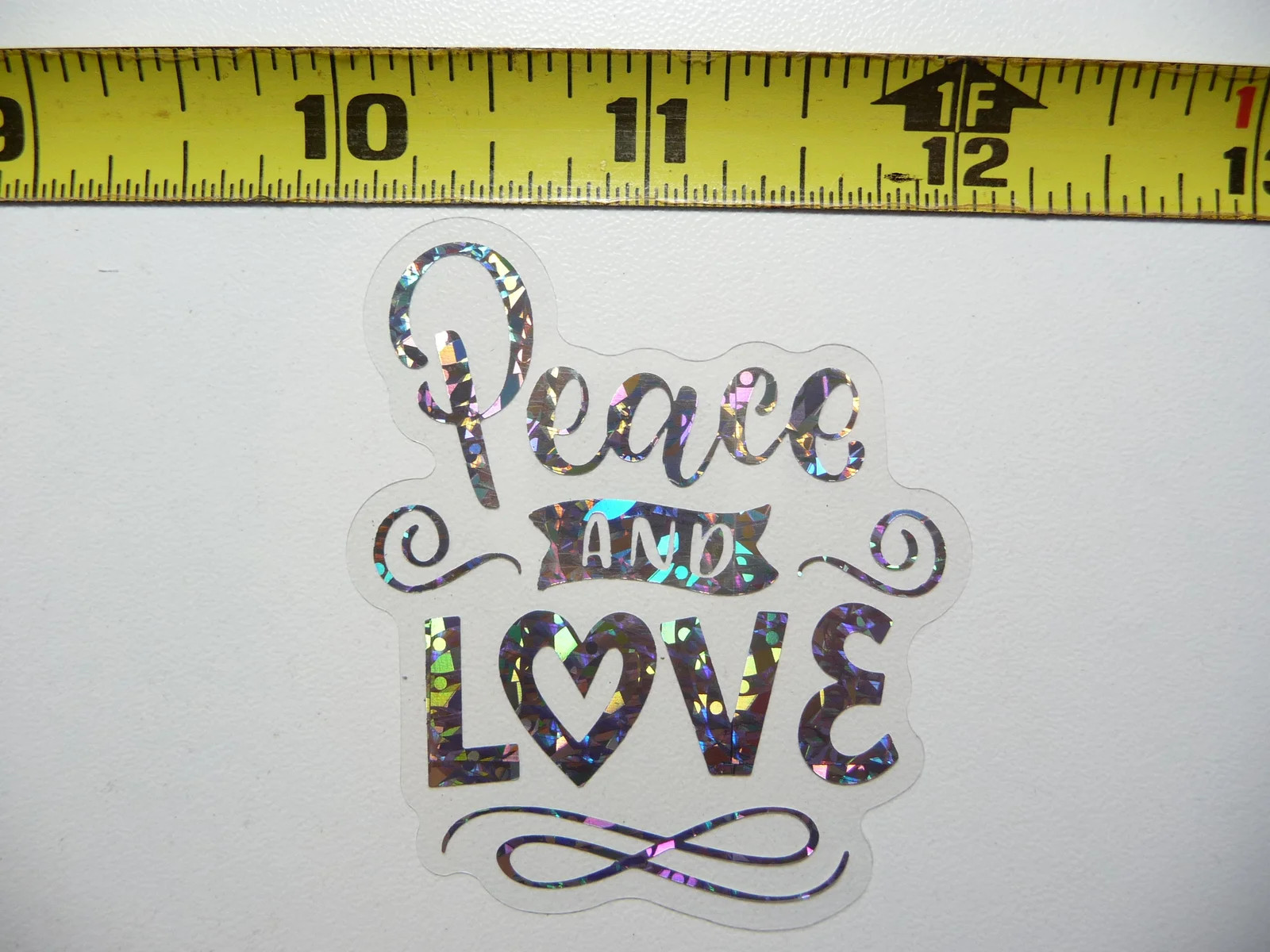 PEACE AND LOVE SMALL STICKER DECAL HOLOGRAPHIC POSITIVE MOTIVATIONAL FEEL GOOD