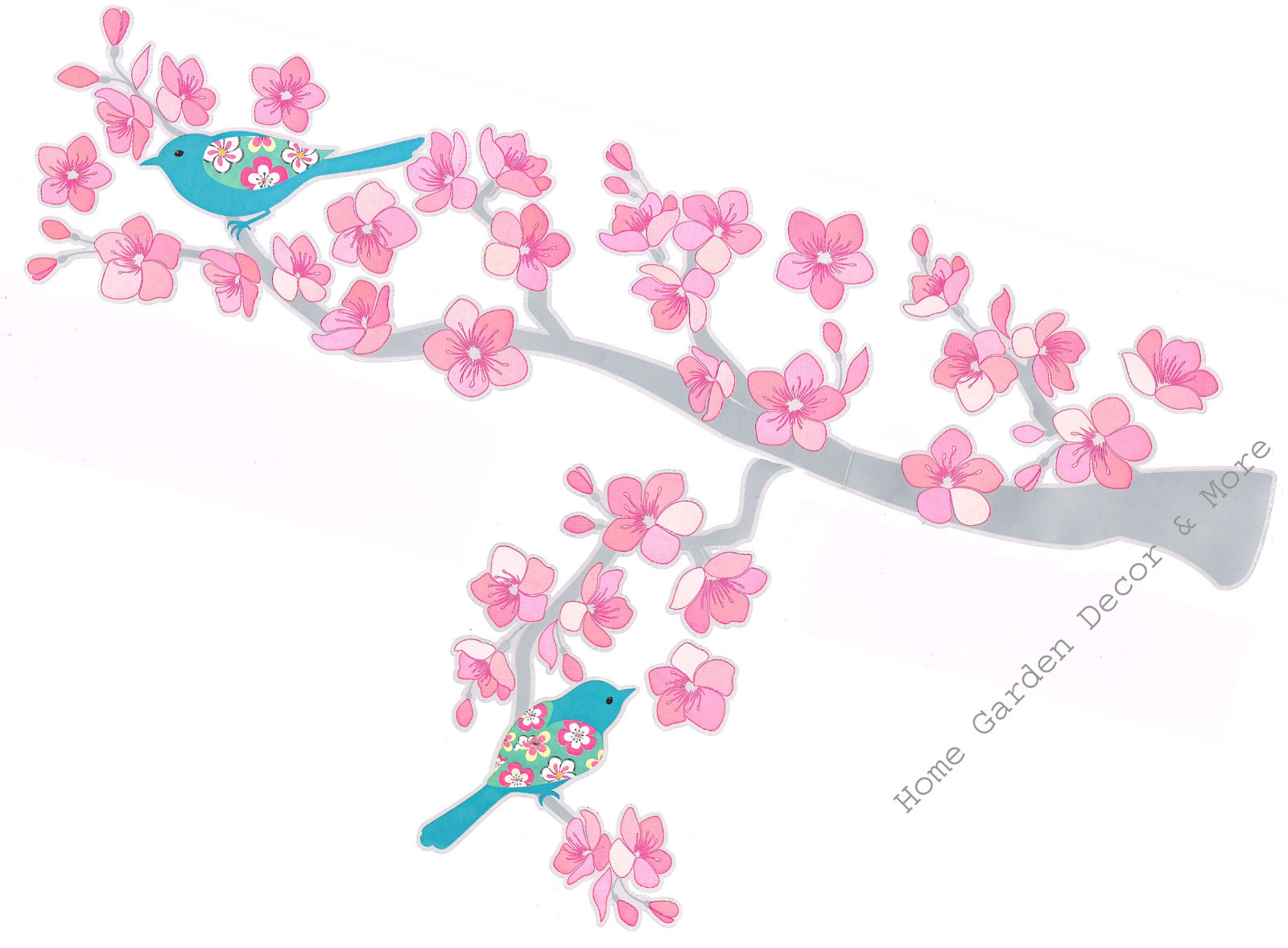 CHERRY BLOSSOMS Pink Flower Blue Bird Wall Art Mural Decals Appliques Stickers