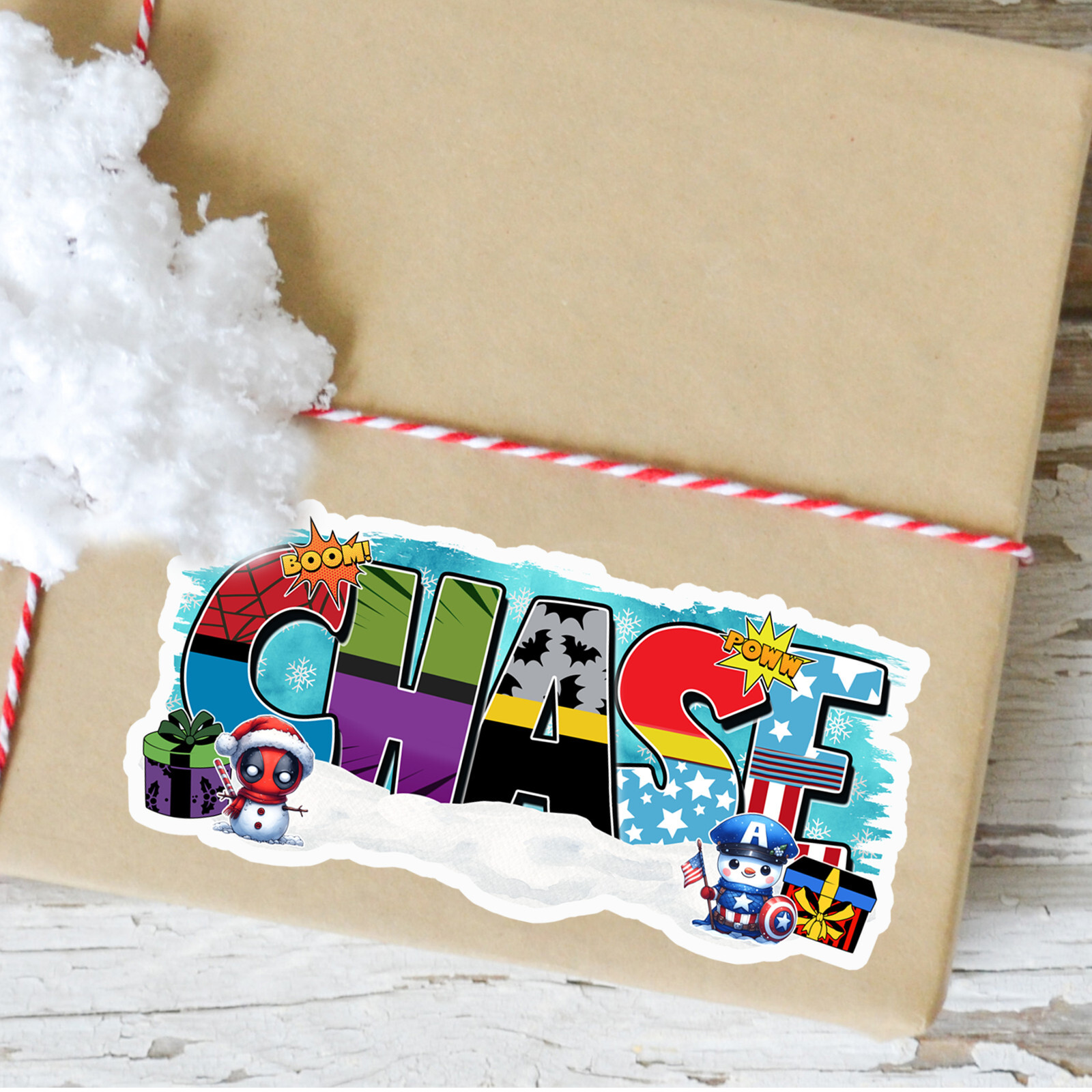 Custom Name Sticker · Personalized Vinyl Decal · Superhero Theme · Christmas