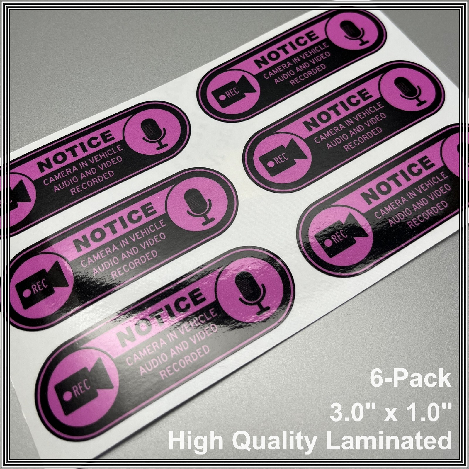Camera in Car Recording Video 6-Pack Decals Pink & Black 3.0" x 1.0" for Uber