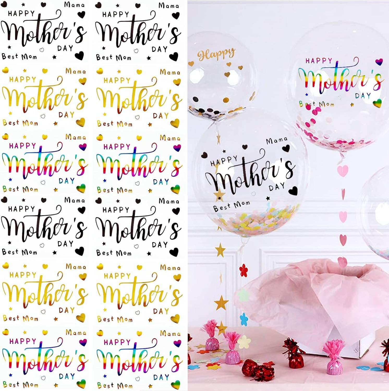 Mother'S Day Balloon Stickers Happy Mom Decals 12 Pcs Gold Black Rainbow Decor