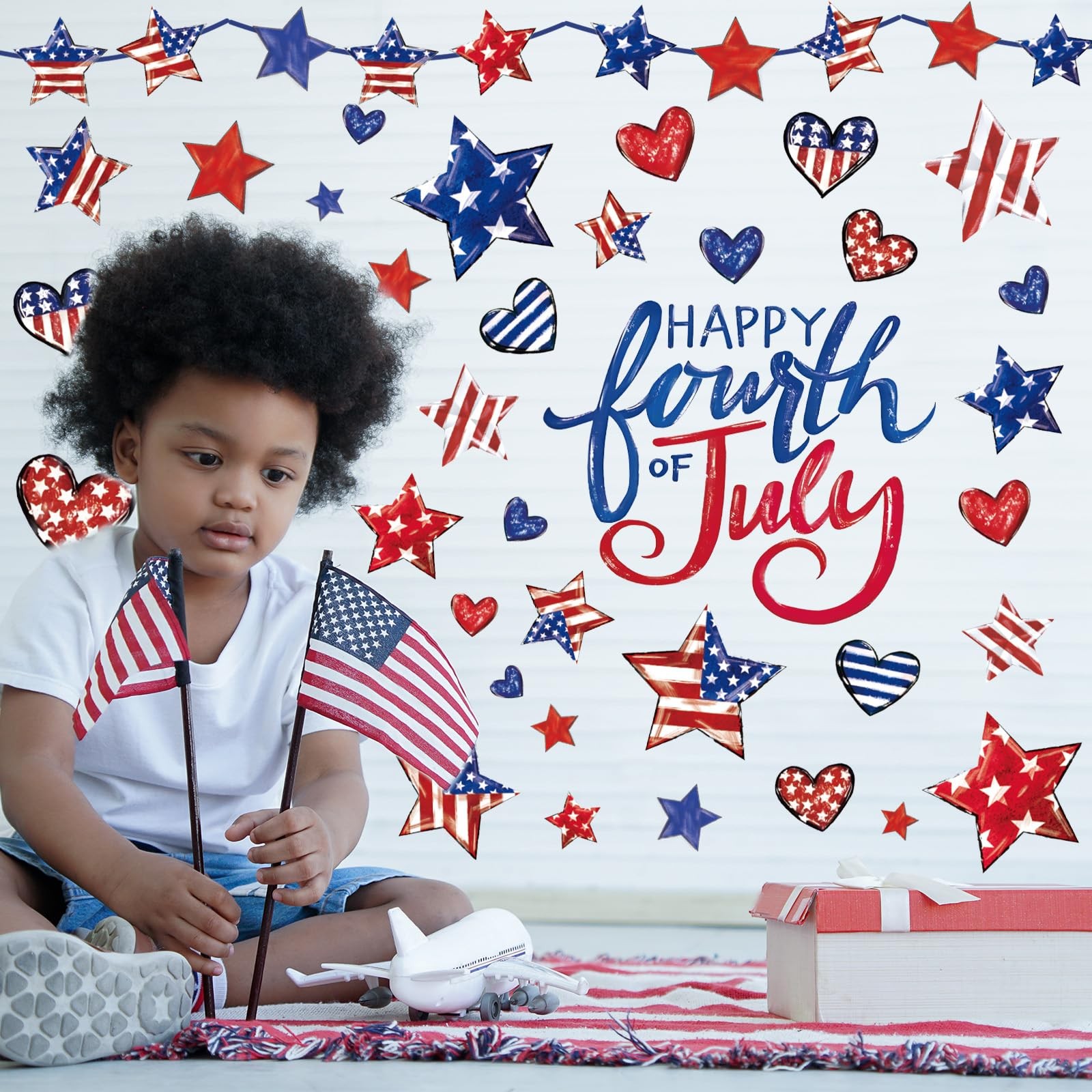 9 Sheets Patriotic Wall Stickers Watercolor 4th of July Vintage Red White Blue