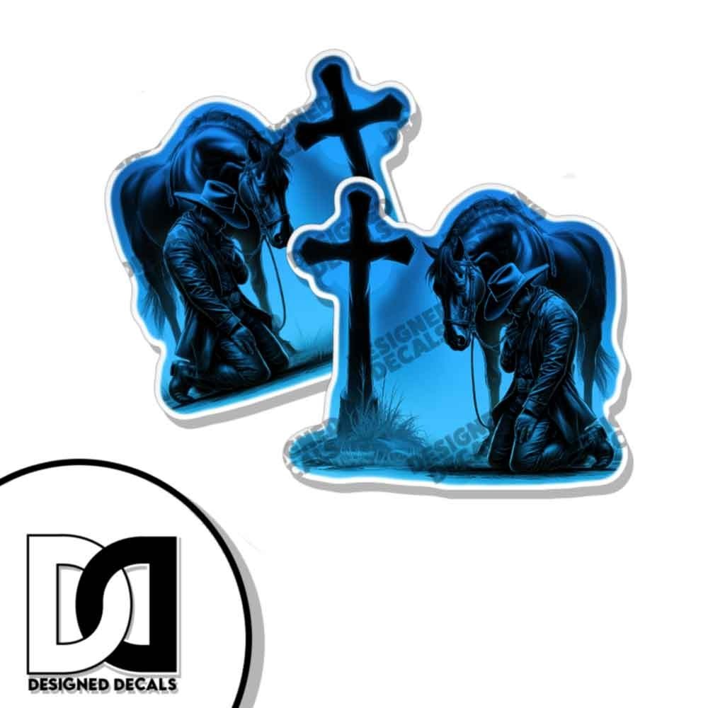 Praying Cowboy Cross Horse Forgiven LIGHT BLUE Car Truck Window STICKERS 2 PACK