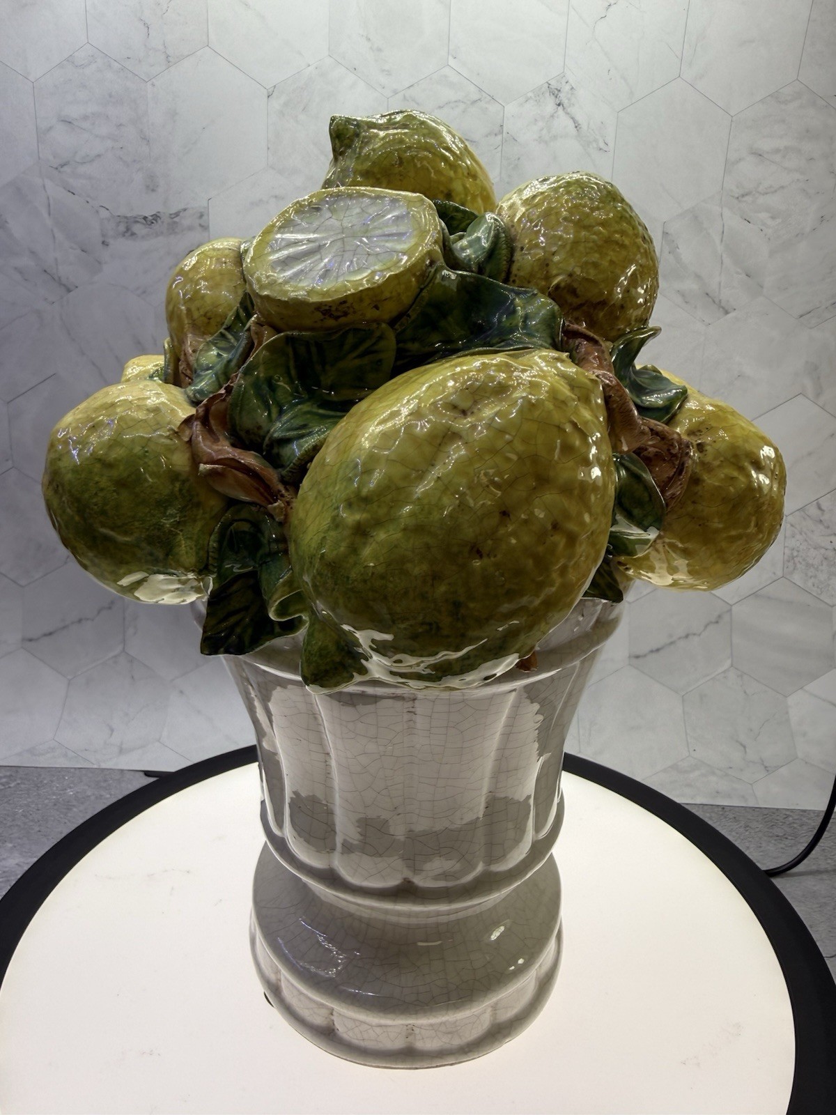 Beautiful decorative Italian Majolica ceramic basket of lemons, Centerpiece.