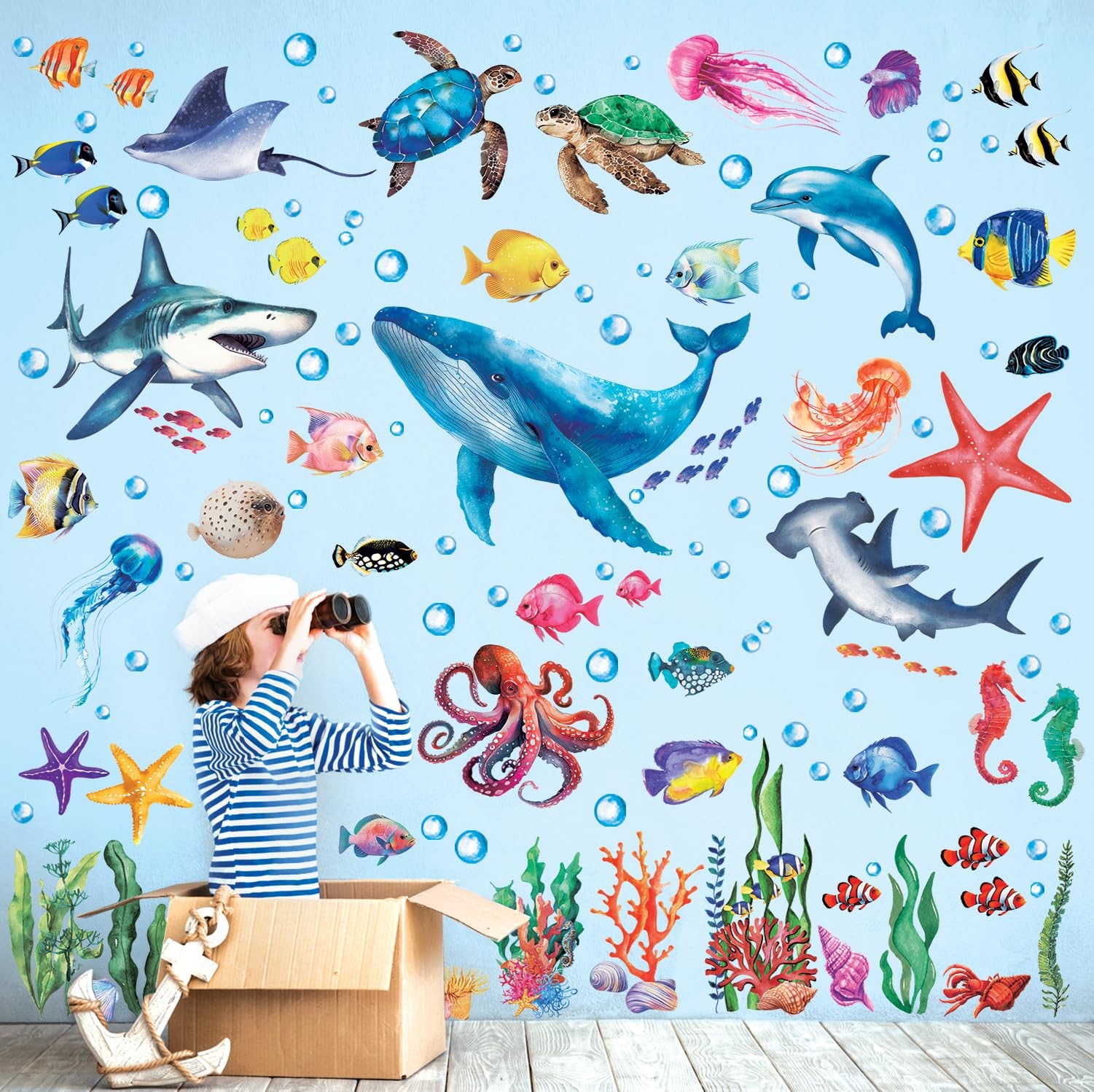 DS12-8078 Sea Animals Wall Stickers Decals Baby Boys Bedroom Fish décor Livin…