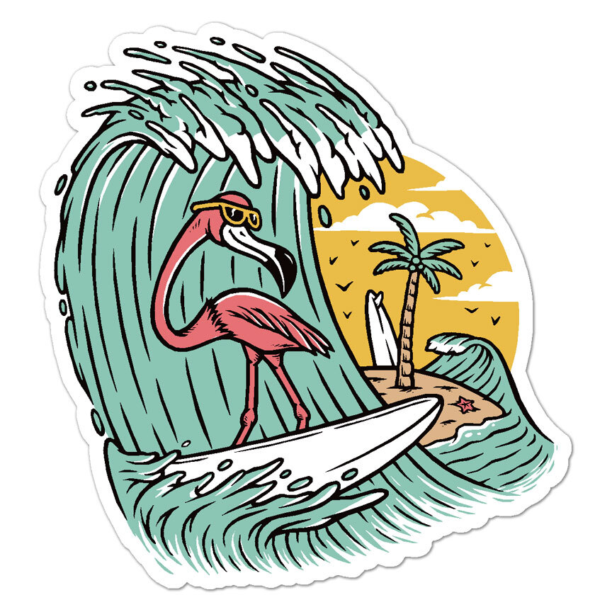 Surfer Flamingo, Vinyl Decal Sticker, Indoor Outdoor, 3 Sizes, #9182