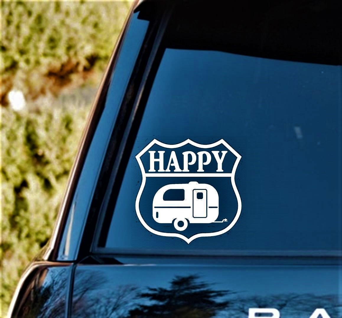 Happy Camper Travel Trailer Decal Sticker Hiking Camping Camp Tent Hiker C1118
