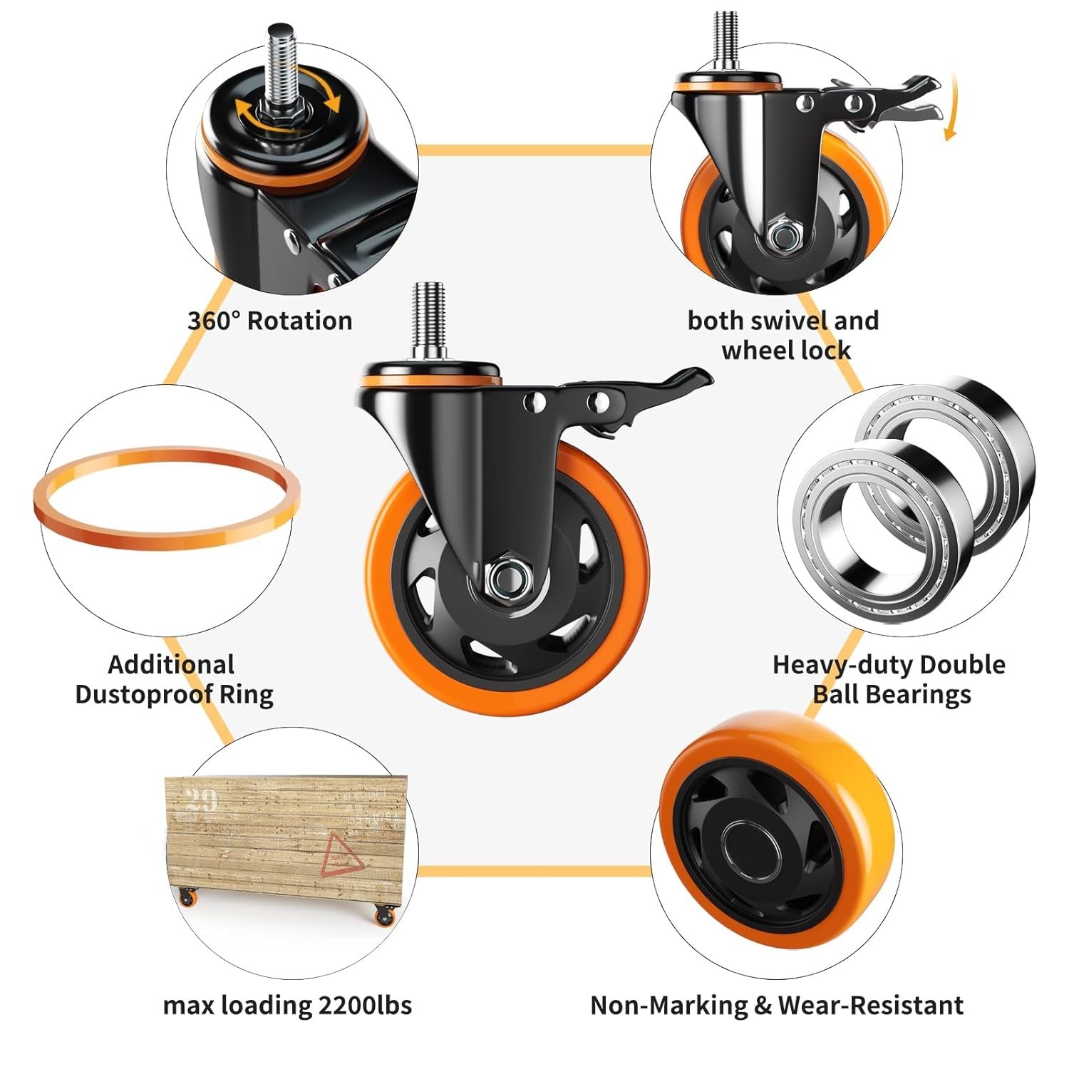 4 Inch Caster Wheels 2200Lbs, Threaded Stem Casters Set of 4 Heavy Duty, 1/2"-13