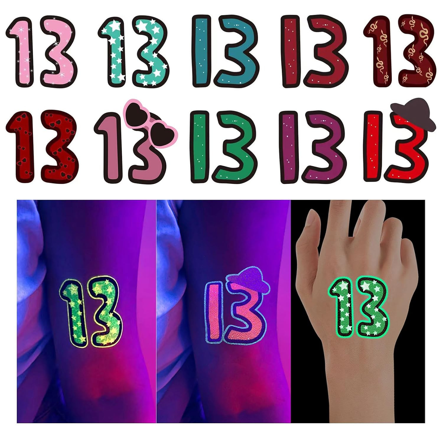 Glow in the Dark Number 13 Tattoo Stickers for Swifties- 48 Pack (32 Glow + 16 R