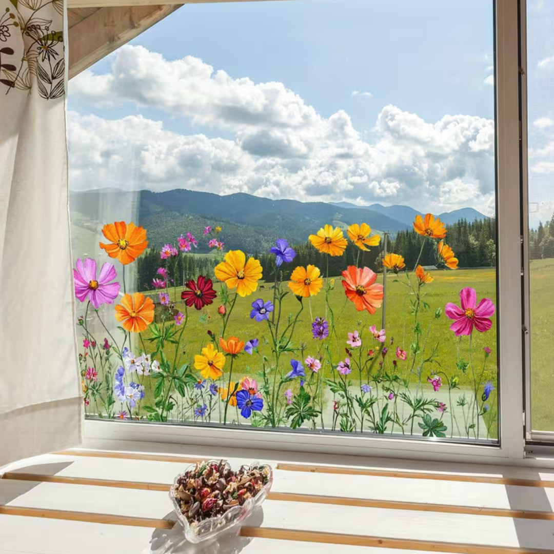Reusable PVC Static Cling Window Stickers Floral Glass Door Wall Decals Removabl