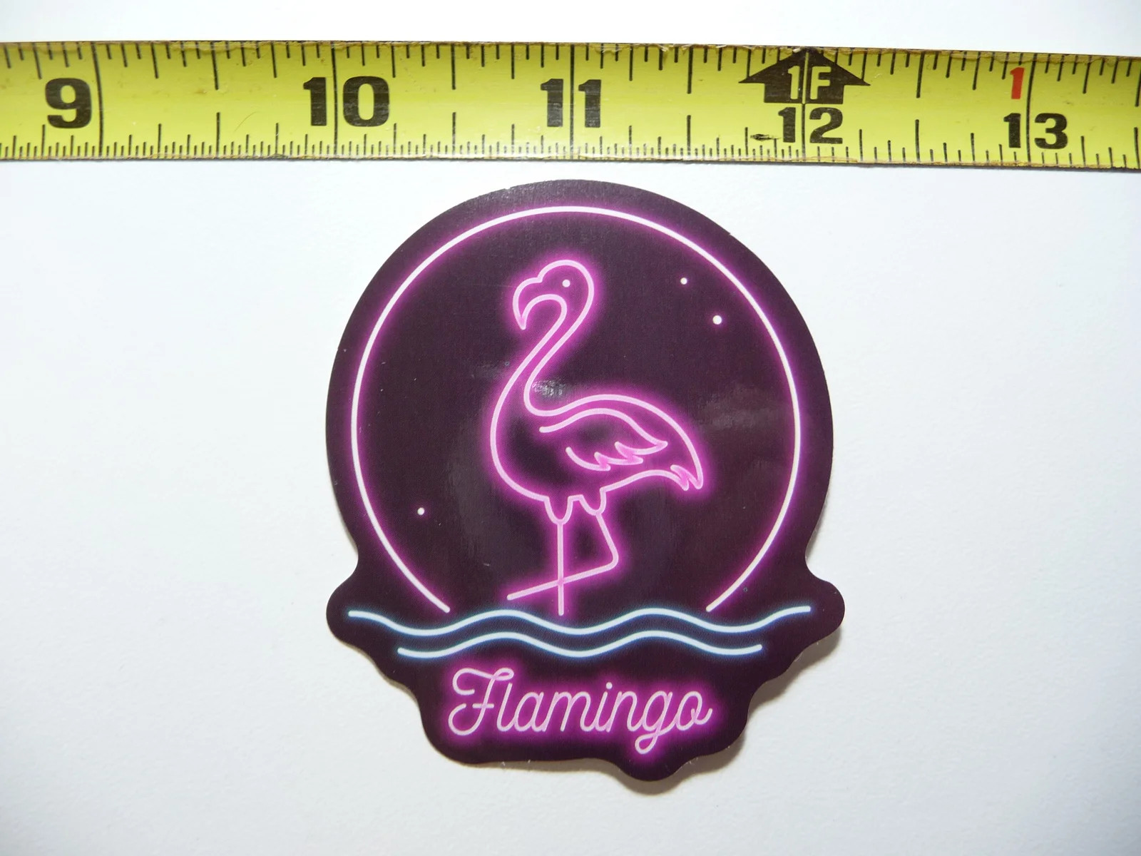 NEON SMALL STICKER DECAL FLAMINGO WATER ONE LEG MOON BACKGROUND FUNNY