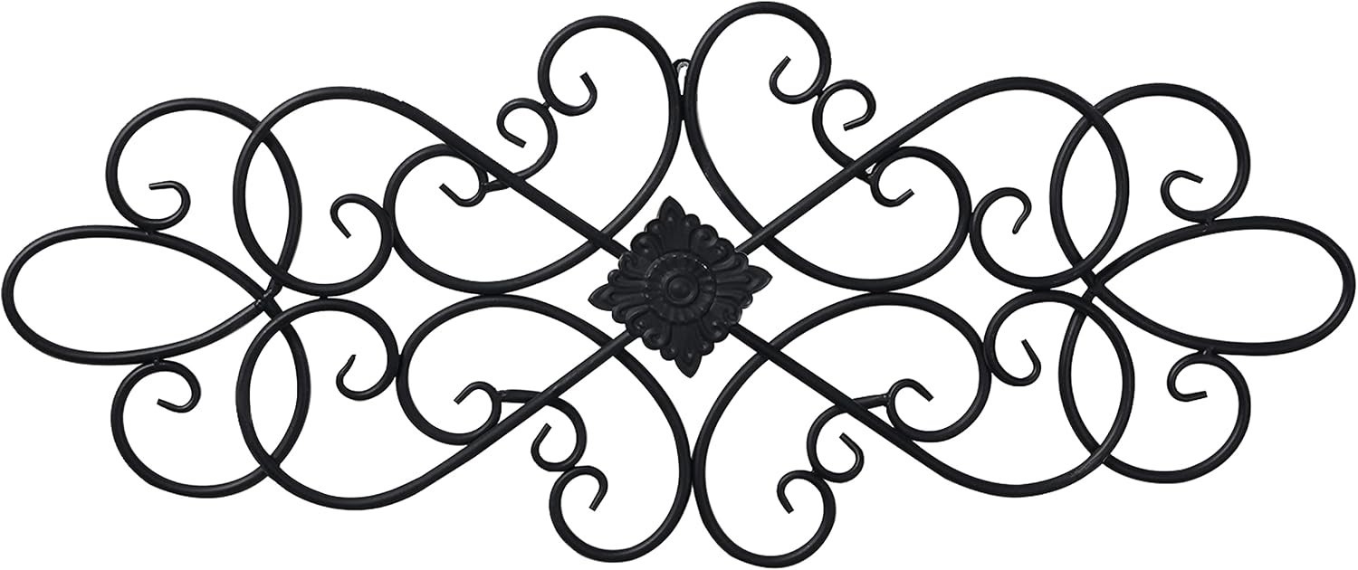 Farmhouse Black Wrought Iron Wall Art 32" – Distressed Scroll Metal Decor Plaque