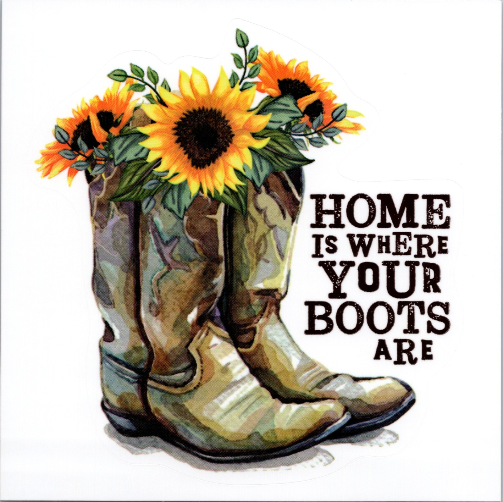 HOME IS WHERE YOUR BOOTS ARE – Vinyl Sticker – 1.75in x 1.50in