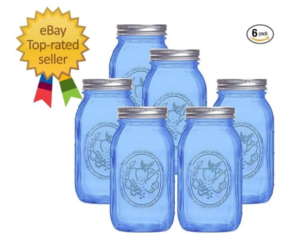 Regular Mouth Mason Jars 32 oz,6 Pack Blue Glass Colored Canning Jars with Airti