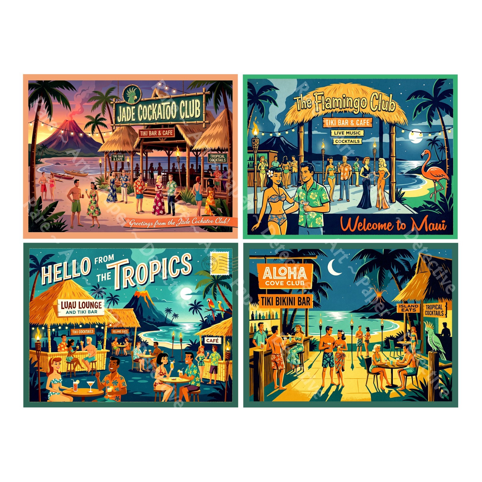 Hawaii Tropical Tiki Bar Stickers, Mid-Century Modern, 4 Labels on 1 Sheet, 1539