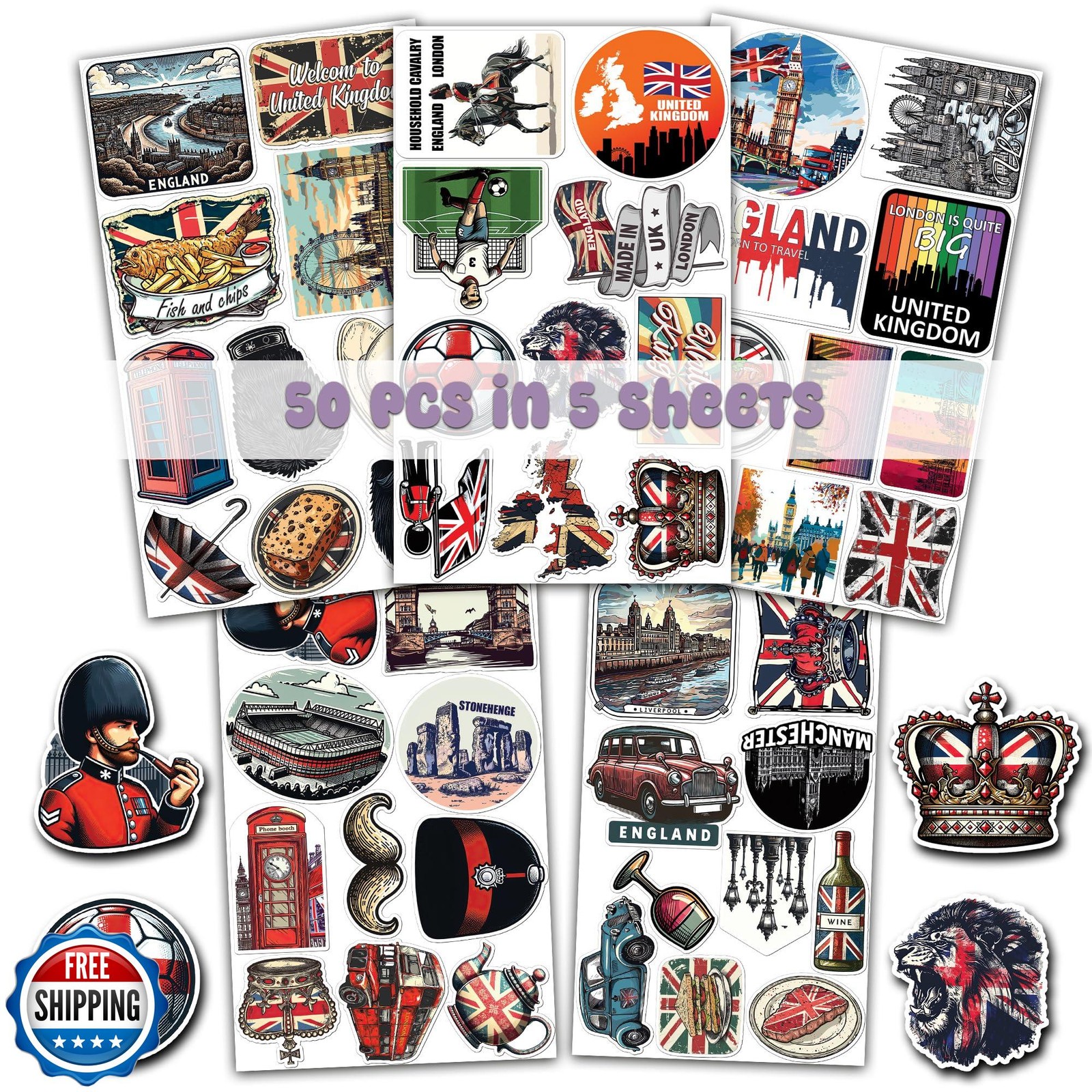 WESILY Pack 50 PCS UK England Travel Stickers British Theme Waterproof Vinyl