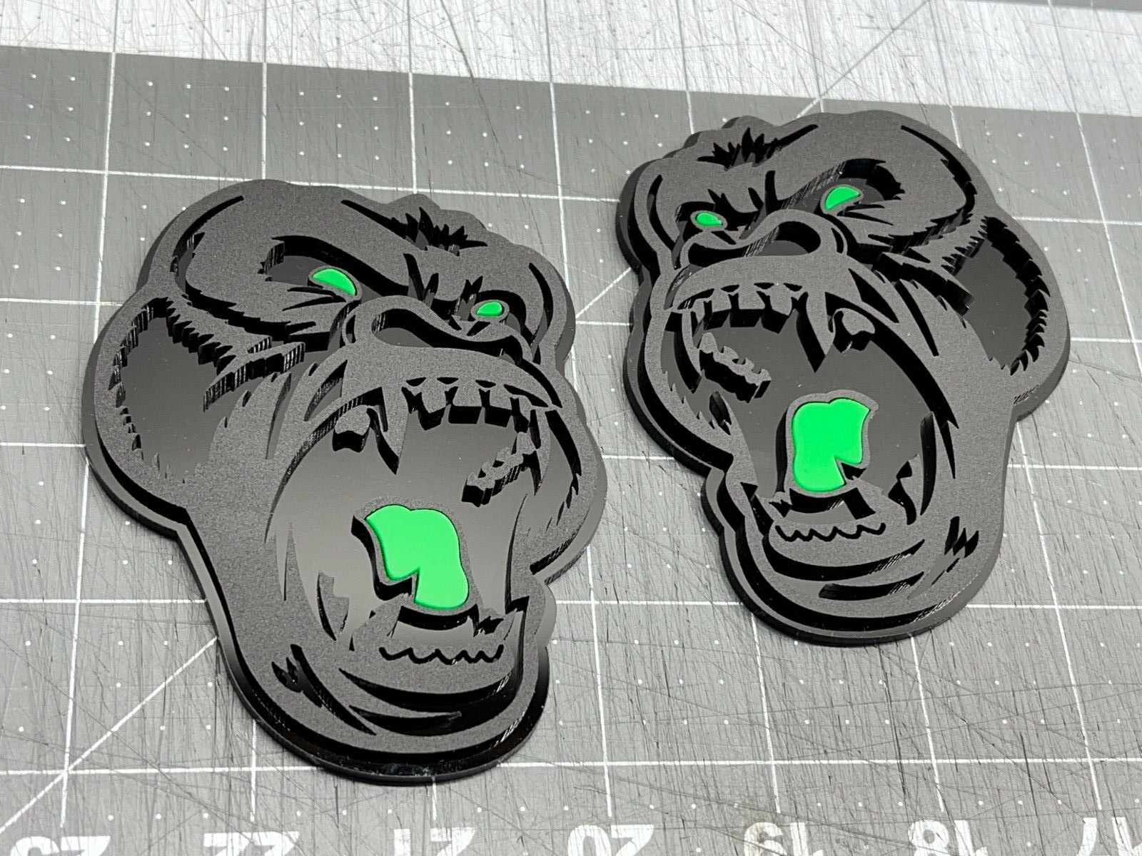 Angry Gorilla Green Eye Car Truck Emblem Badge Matte Black /Black Custom PK of 2