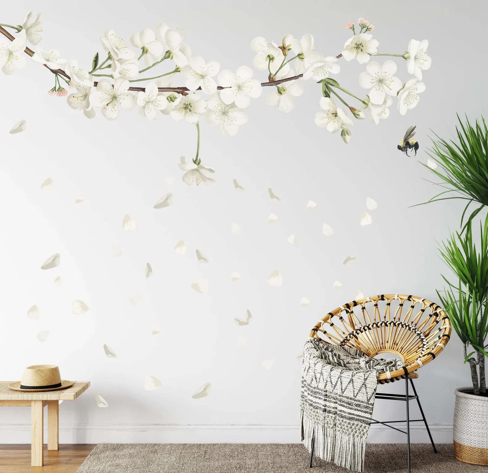 Large Apple Tree Branch Wall Sticker Bee Decals White Flower Greenery Twig LF564
