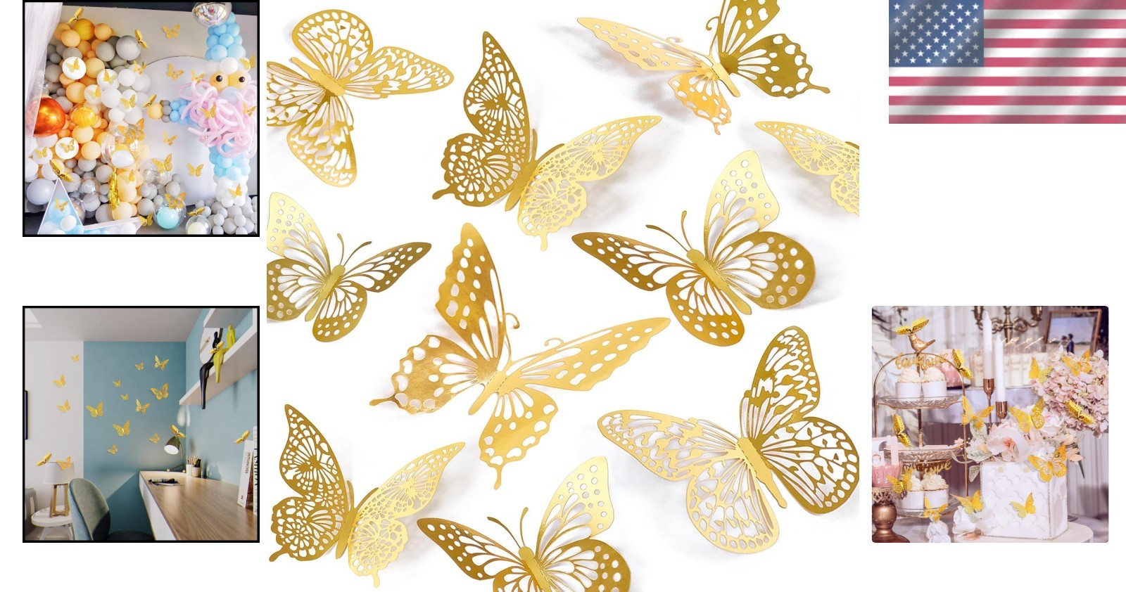 48 Pcs 3D Gold Butterfly Wall Decor – Removable, Shimmery Stickers for Kids