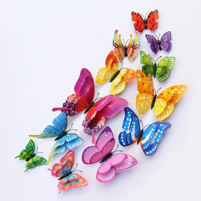 12Pcs Mixed Color Double Layer Butterfly 3D Wall Sticker For Wedding Decoration