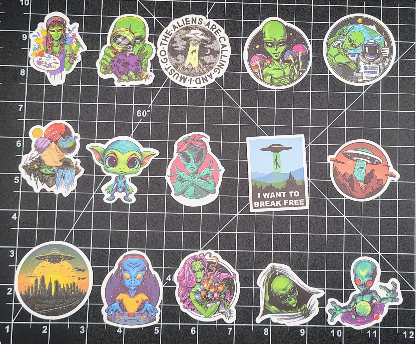 60 Pack Alien UFO Stickers Vinyl Decals Extraterrestrial Space Martian Retro Lot