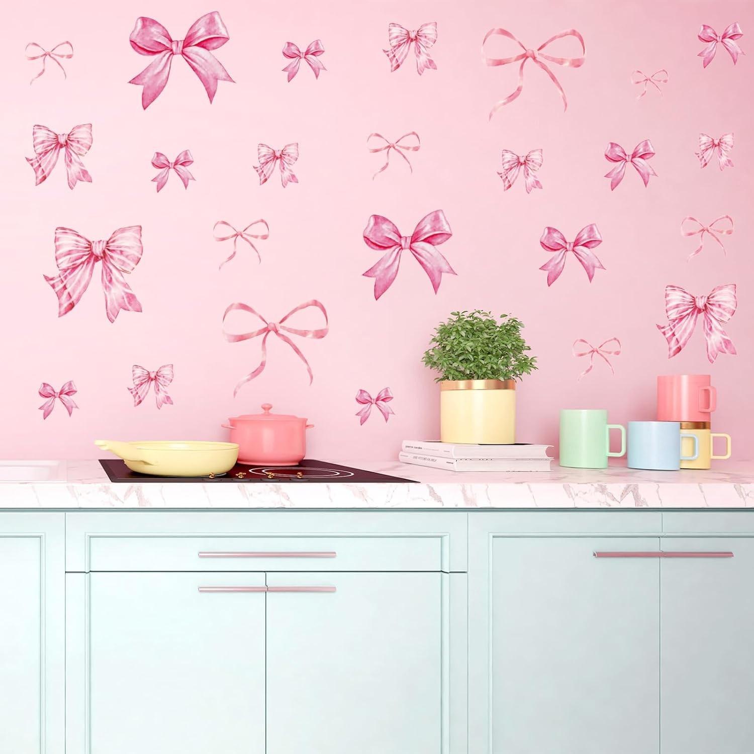 Pink Bow Wall Stickers Watercolor Decor Room Mural for Kids Girls Party