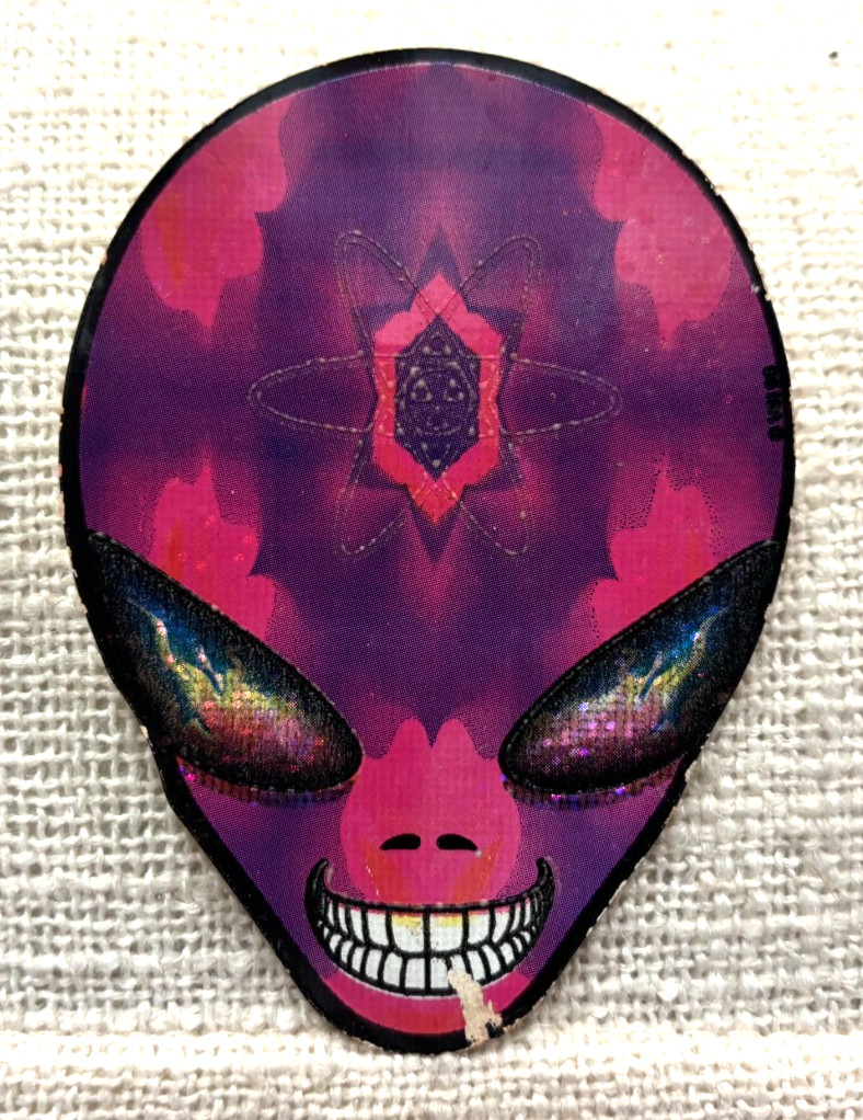 Vintage! Unique Alien Head Sticker! Glitter Eyes! Colorful Purple & Pink! ~3.5"!