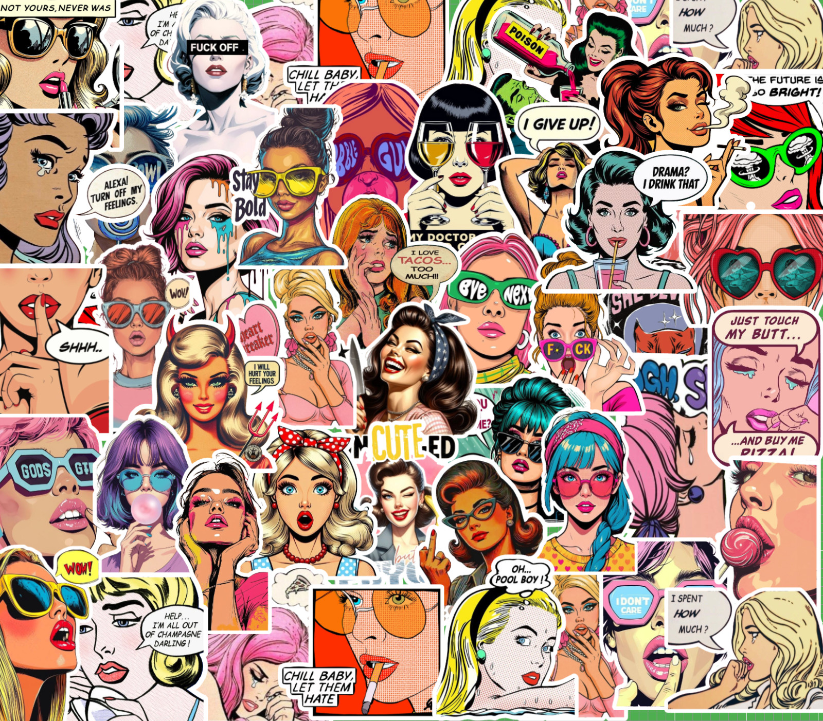 20/40 Piece Pop Art Girls Sticker Pack – Matte Vinyl – Sexy Funny Women