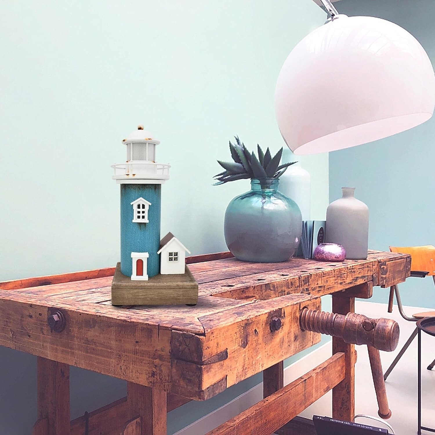 Aecipl Wooden Lighthouse with Lights Nautical Tabletop (Light Blue)