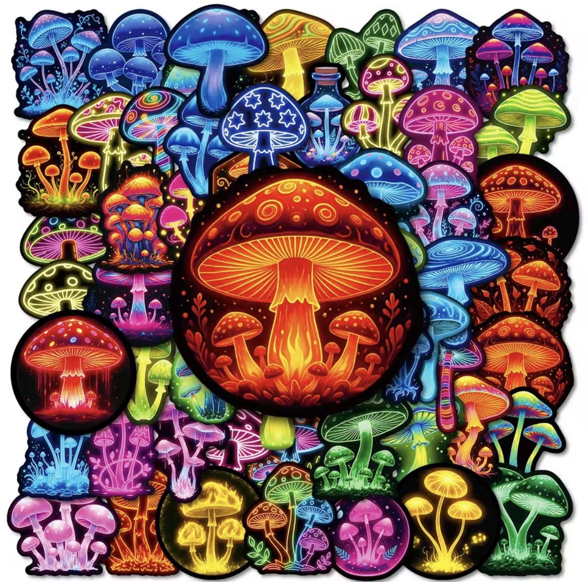 Neon Mushroom Colorful Style Stickers 50pk Mixed Shrooms Stickers FREE SHIPPING