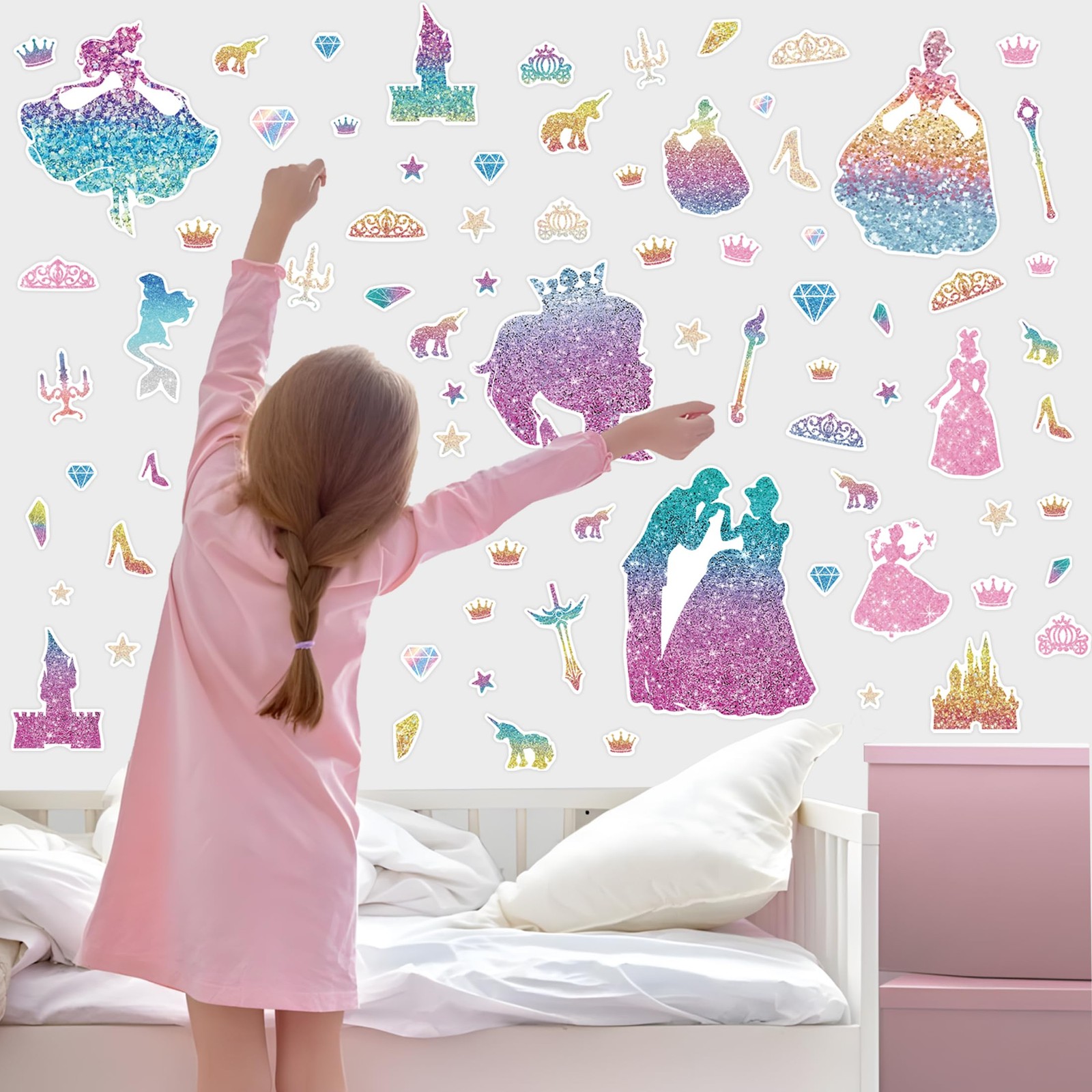 Glow in The Dark Princess and Crown Wall Decals, Glitter Stars Stickers for B…