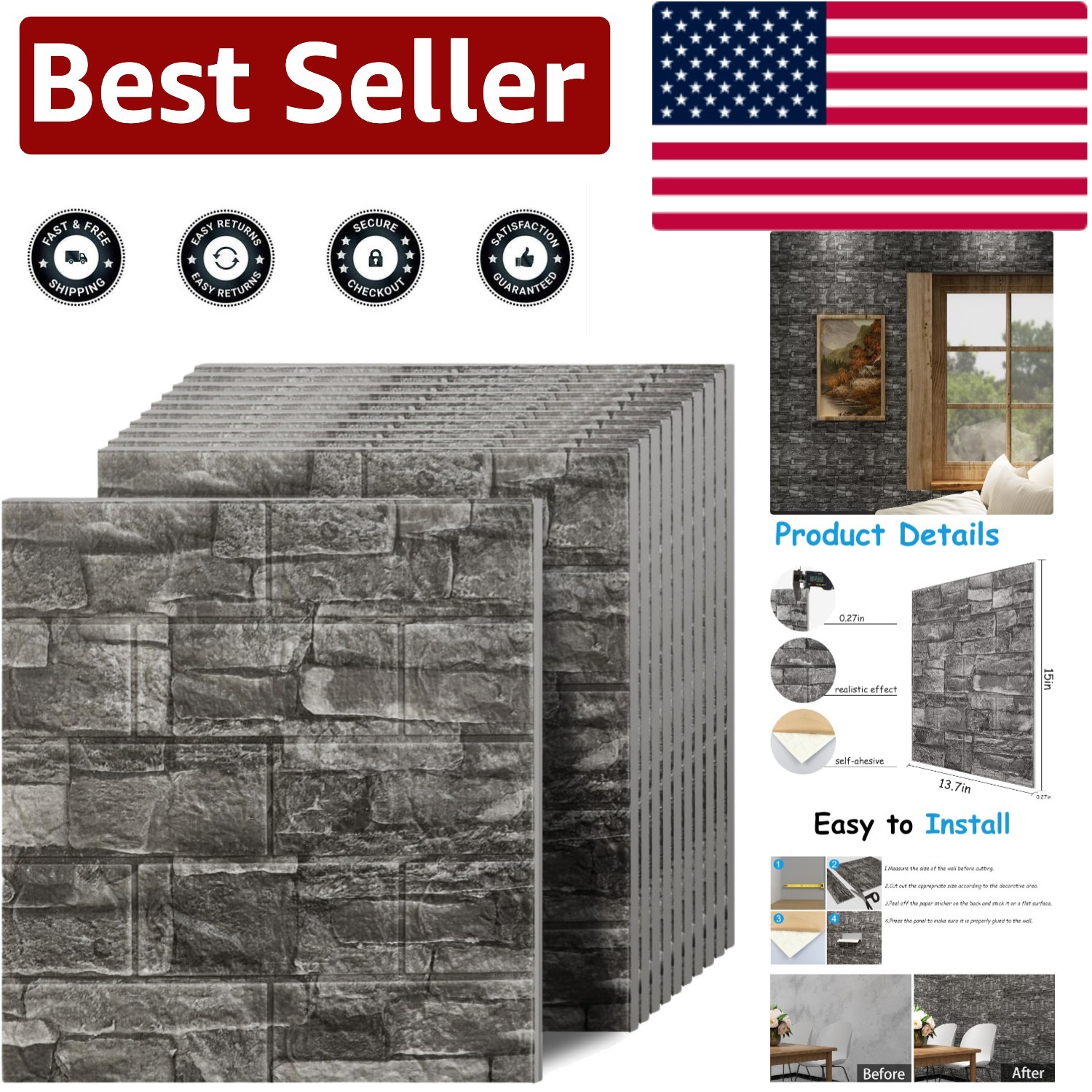 Elegant 3D Faux Brick Wall Panels – 20 PCS Black Rock Design for Modern Living