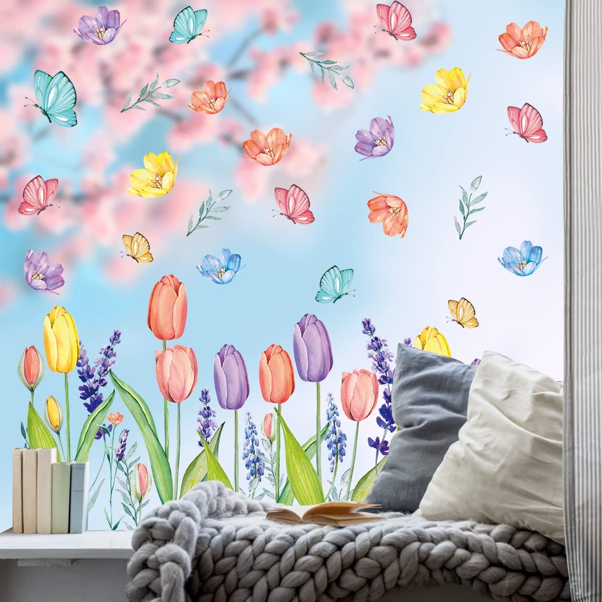 67 PCS Spring Summer Window Cling Stickers Tulip Butterfly Flower Decals Set