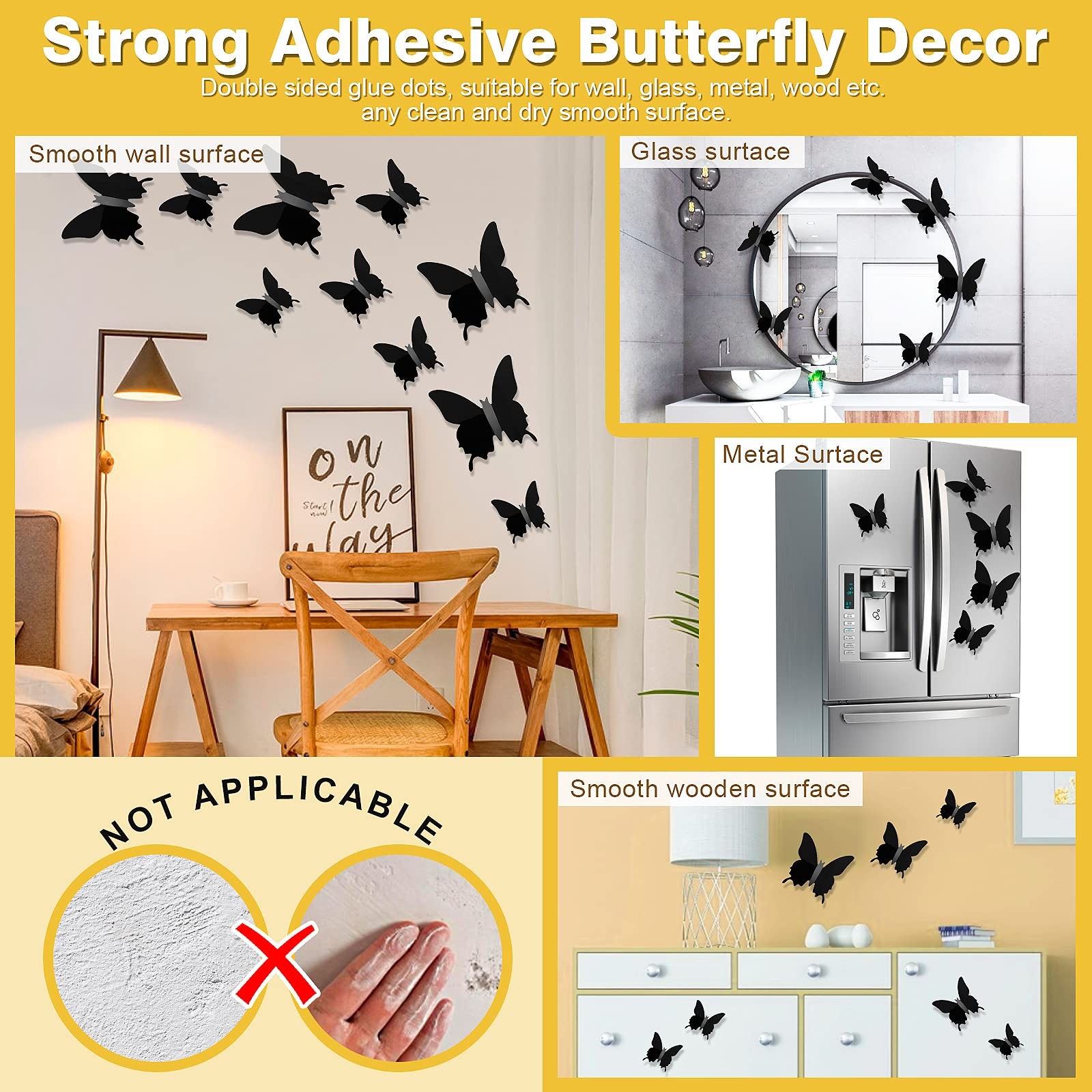 3D Butterfly Wall Decor 48pcs Black Polished Stickers 3 Sizes Durable Butterf…