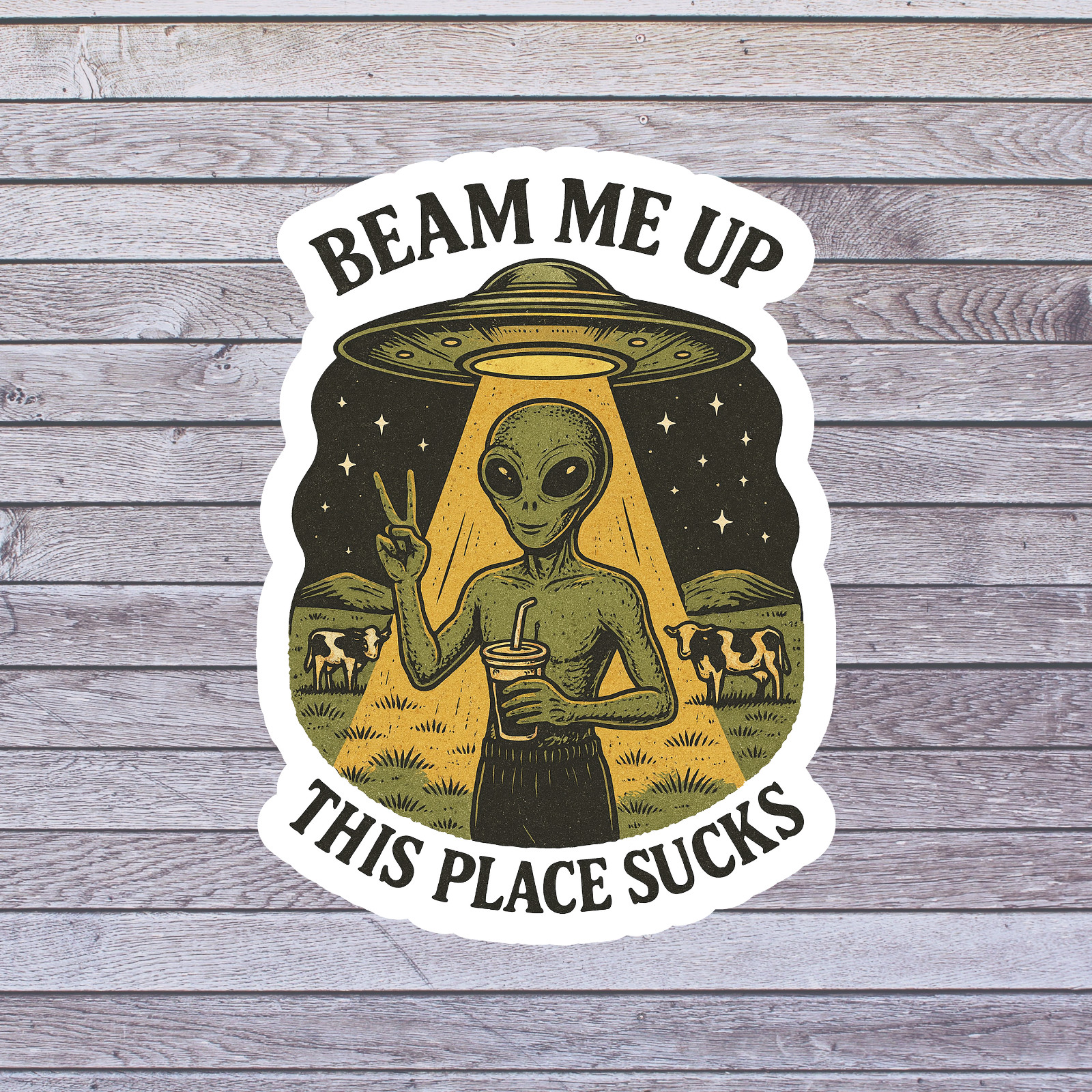 Alien sticker vinyl decal ufo peace sign funny sci fi cow field art