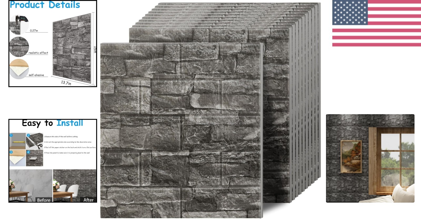 Elegant 3D Faux Brick Wall Panels – 20 PCS Black Rock Design for Modern Living