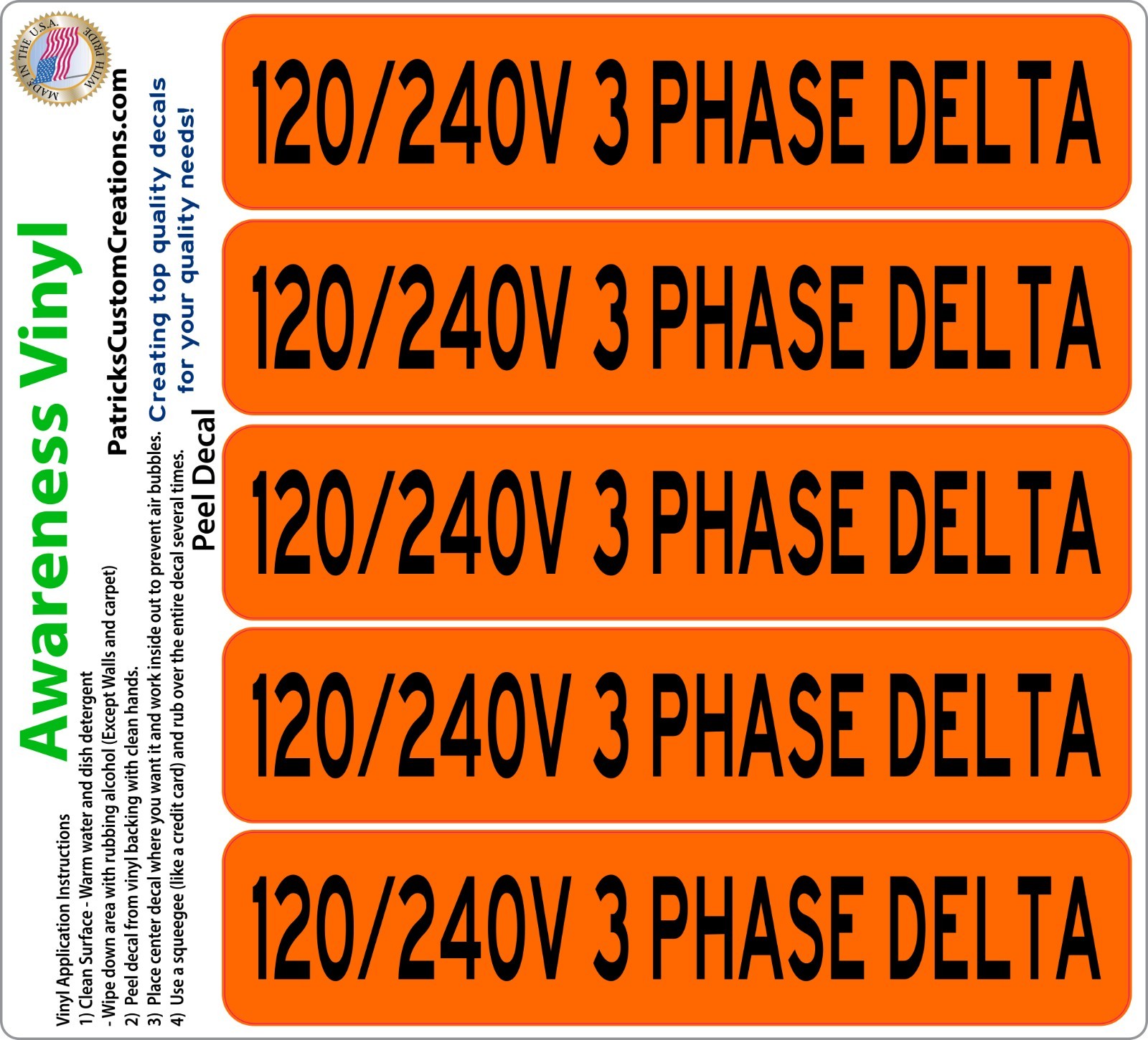 5x 120/240 Volt 3 Phase Delta Warning Vinyl Decal | Electrical Safety