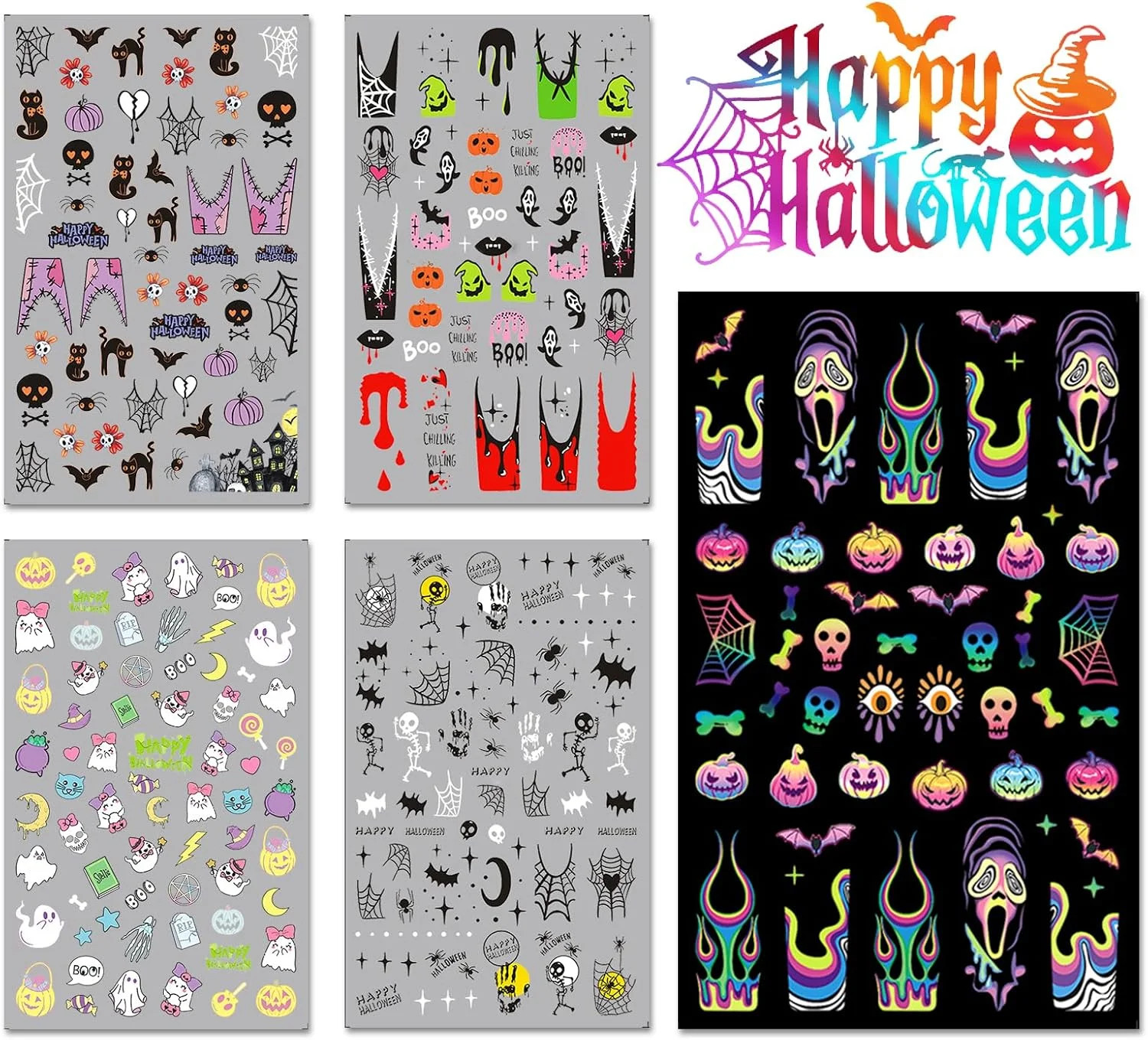IDDFEVE Halloween Nail Art Stickers, Gradient Pumpkin, Horror Mask Nail Decals,