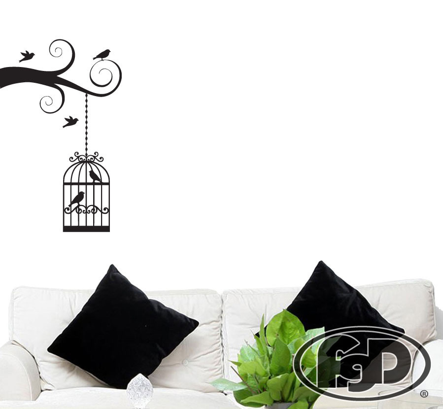 FGD Tree Branch and Birdcage Vinyl Wall Decal / Sticker 20" x 32"