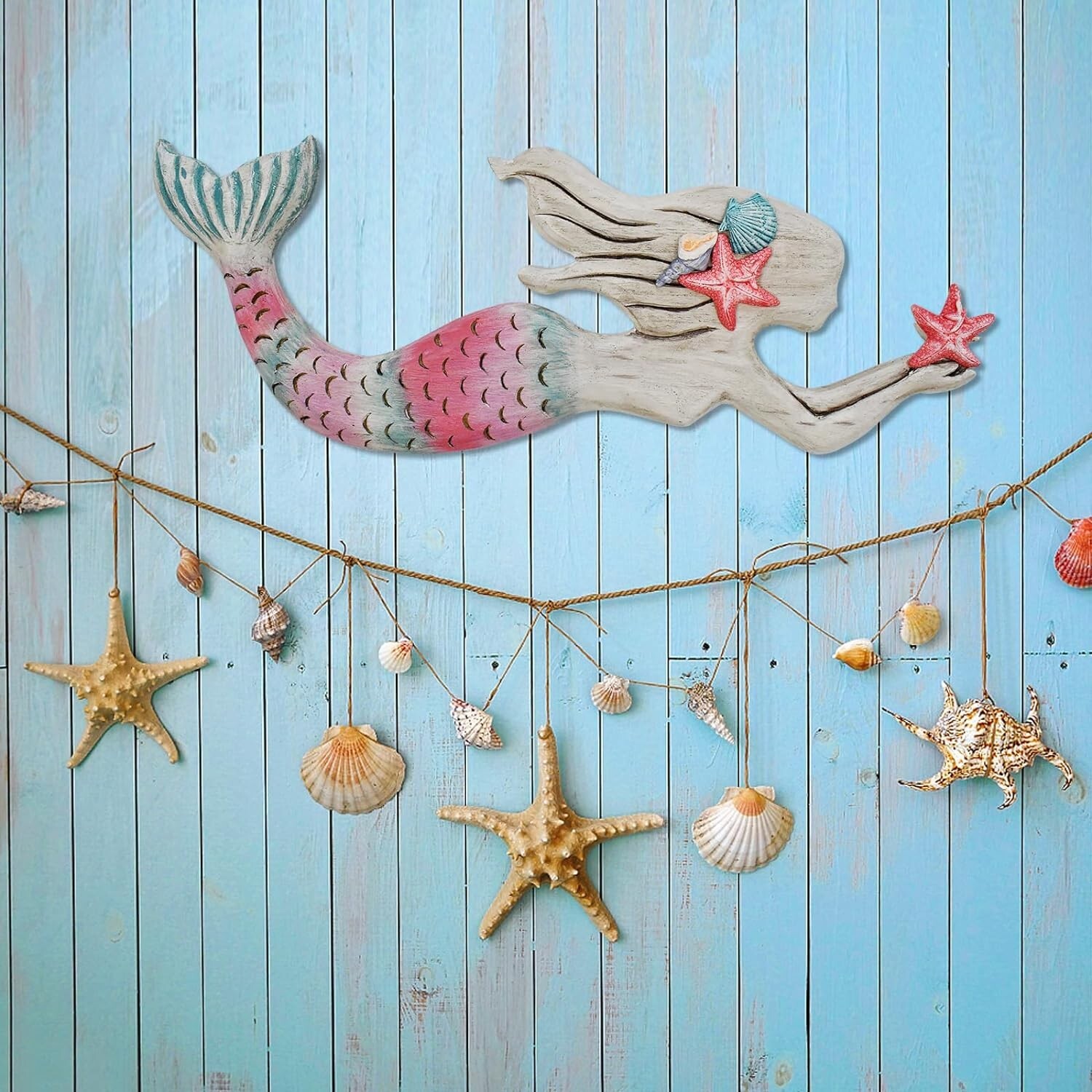 Nautical Decor Wood Hanging Mermaid Wall Art Coastal Decorations (A)