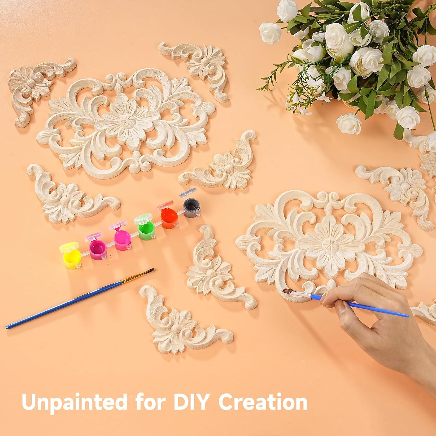 20 Pcs Wood Carved Appliques Onlays, Decorative Flower Decals for Furniture