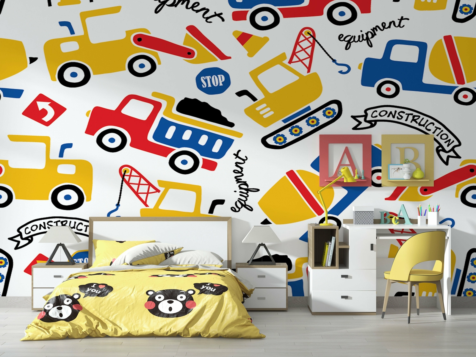 Cartoon Construction Vehicles Wallpaper – Large Wall Mural – Self-adhesive